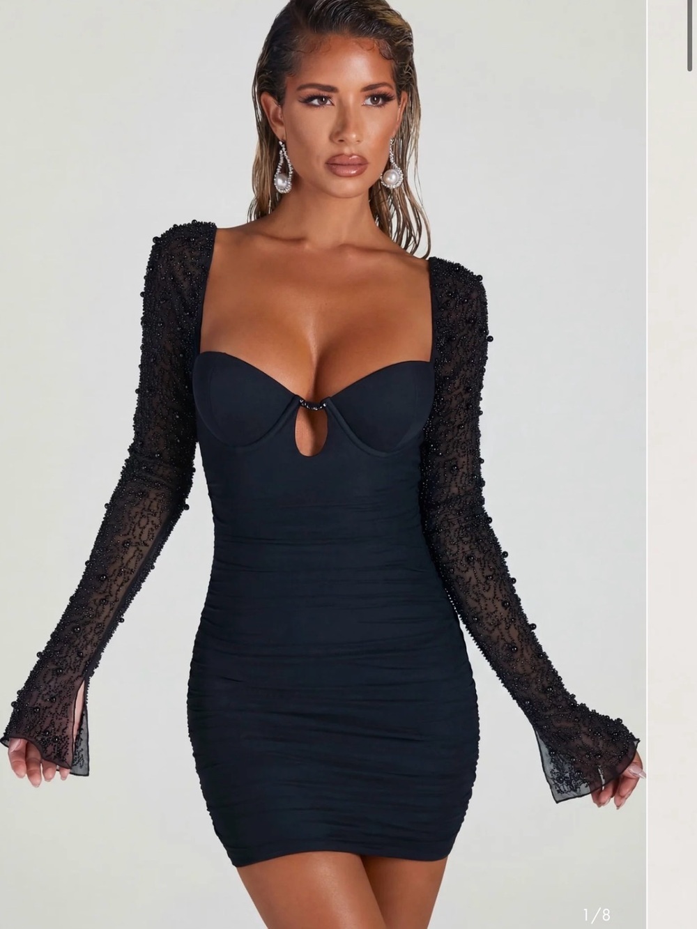 Oh Polly St Germain Mini Dress Black Long Sleeves Embellished Ruched Sexy Sz 2